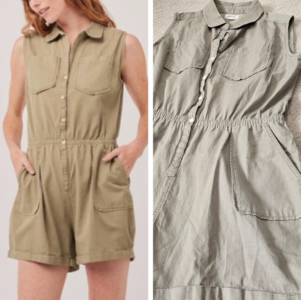 Pact 100% Organic Cotton Tan Olive Chambray Sleeveless Romper Women’s Size Small